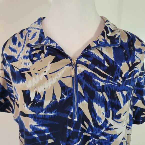 Chico's Size 2 US L Tropical 1/4 Zip Pullover Collared Short Sleeve Top Blue Tan - Picture 2 of 10